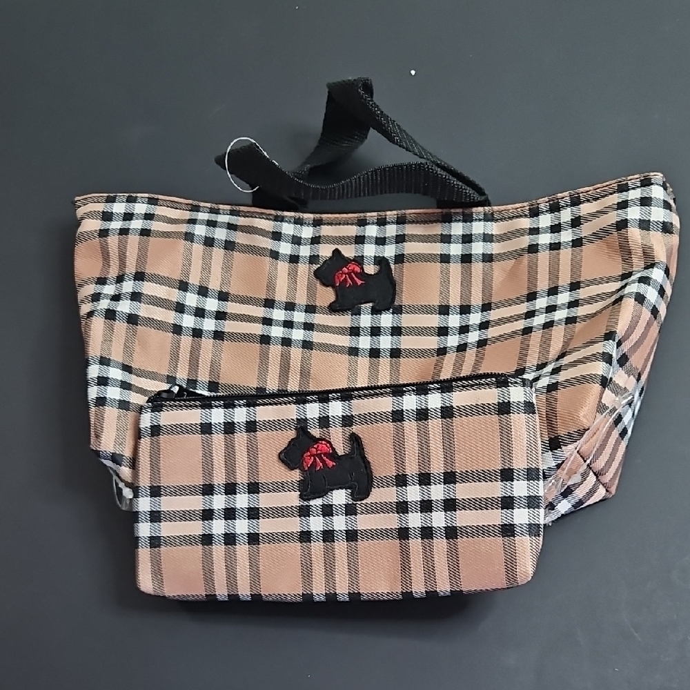 Plaid Tote Bag with Dog Embroidery
